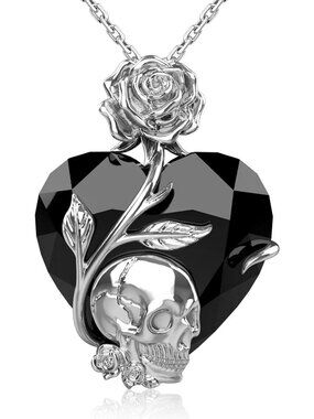 Black Rose Skull Heart Necklace for Women, Sterling Silver Gothic Jewelry Gift